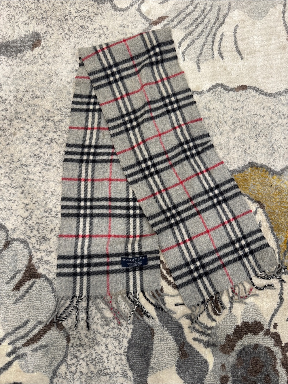Burberry Grey Plaid Wool Scarf with Red Windowpane